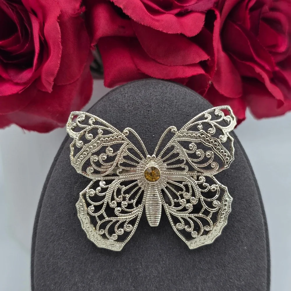 Vintage Made in Germany Silver Tone Filigree Butterfly Brooch Amber Rhinestone
